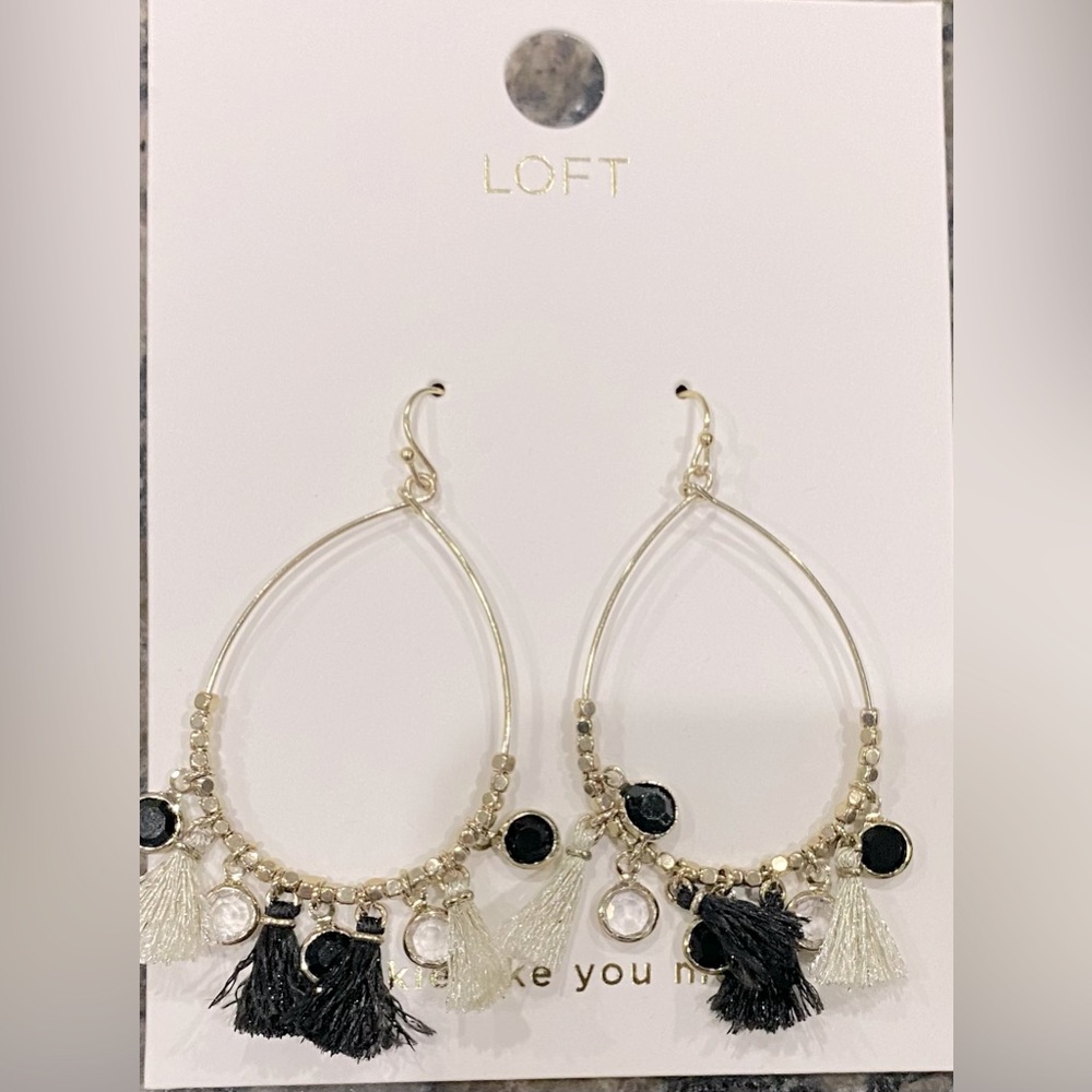 Loft NWT pierced gold tone hoop earrings with black white tassels & gold accents